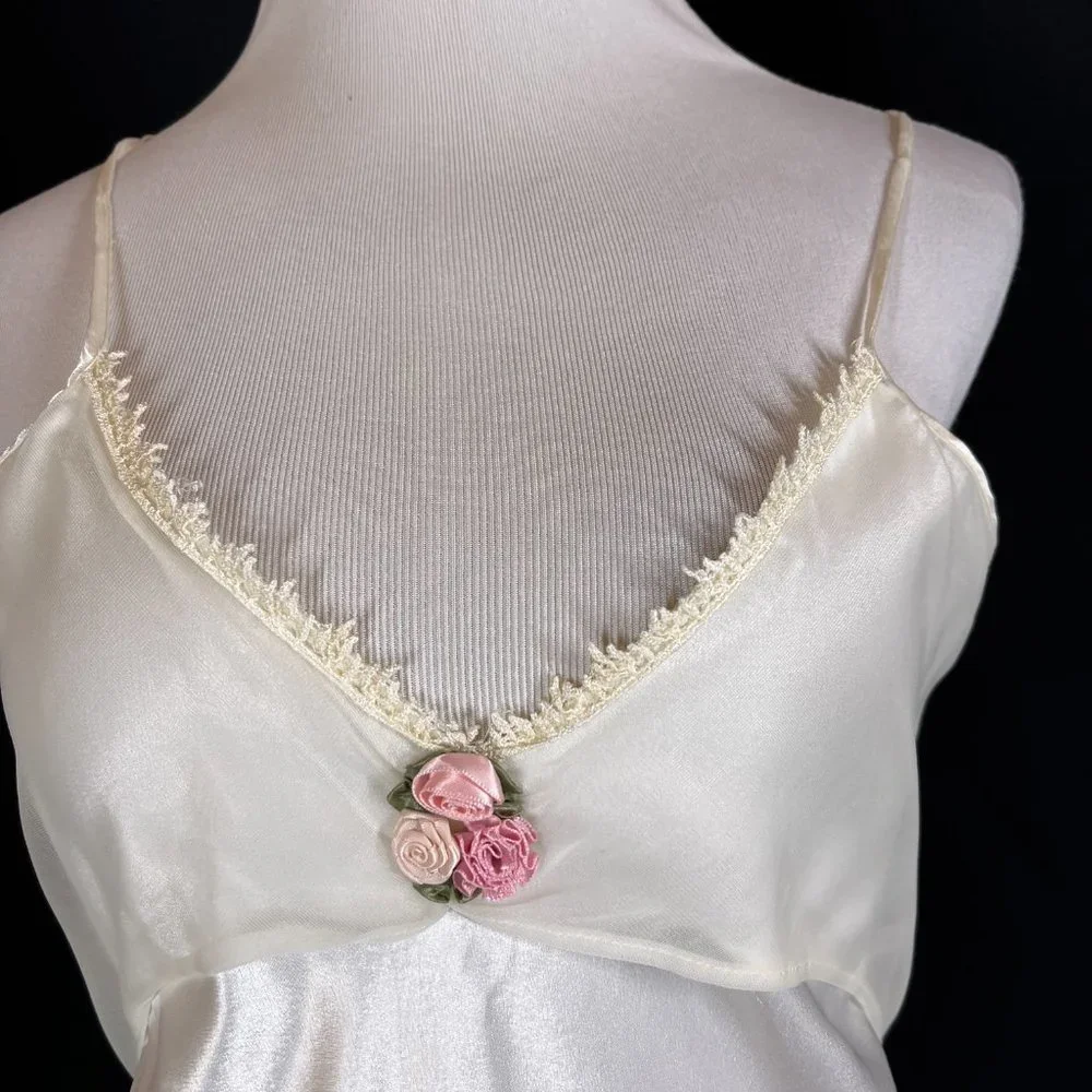 1990s Size S Cream Satin Nightgown Bias-Cut Elegant Glamorous - Picture 3 of 9